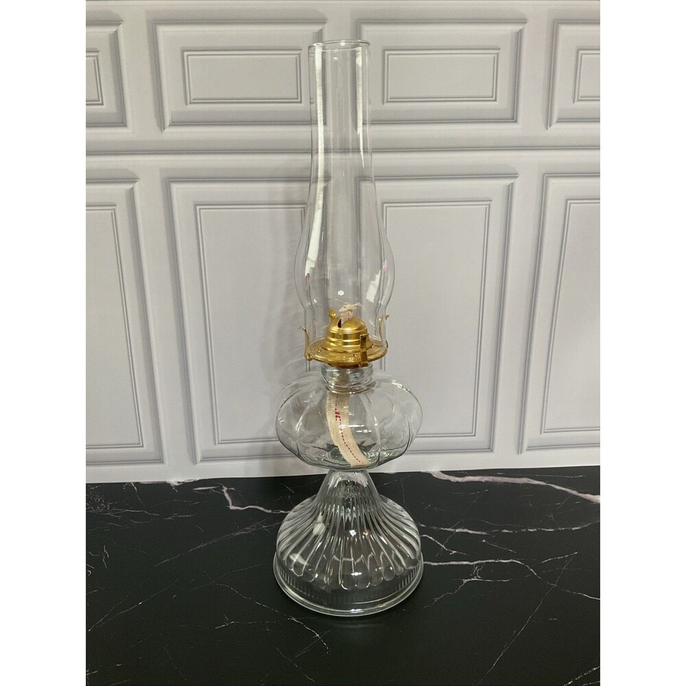 Vintage Pressed Glass Oil Lamp.New B&P#2 Lamp Brass Burner And Hurricane Shade